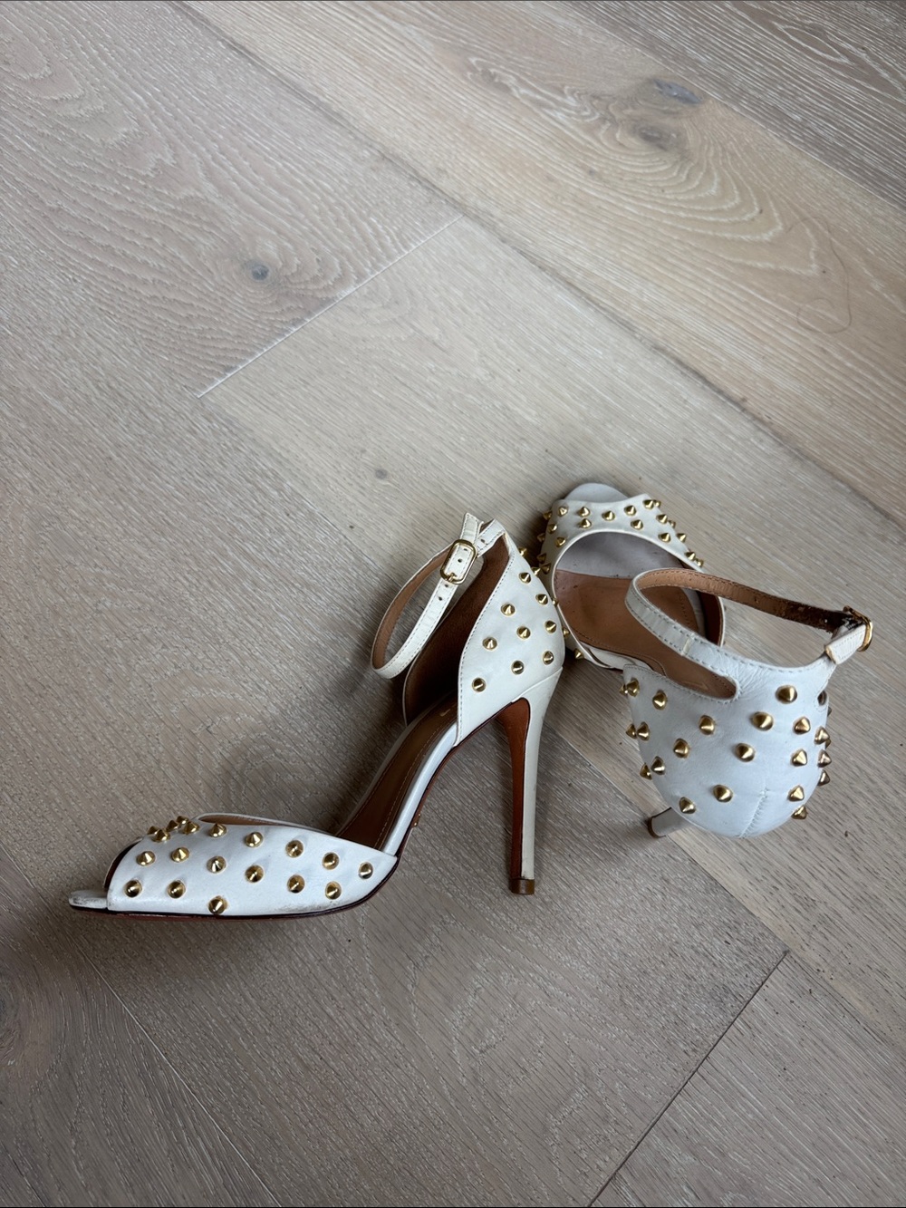 SCHUTZ White Studded Open-Toe Ankle-Strap Heels